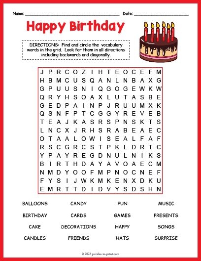 Free Printable Birthday Word Search