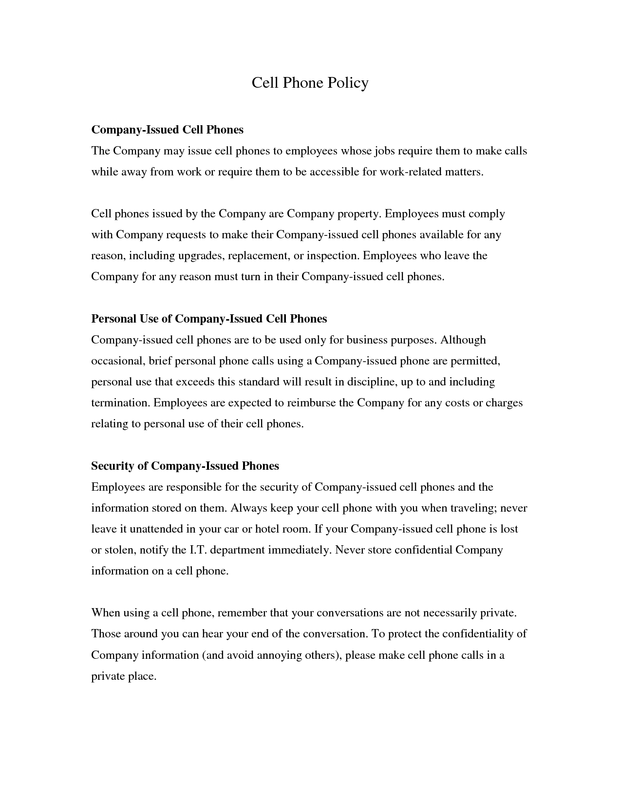 Free Printable Cell Phone Policy Form GENERIC 