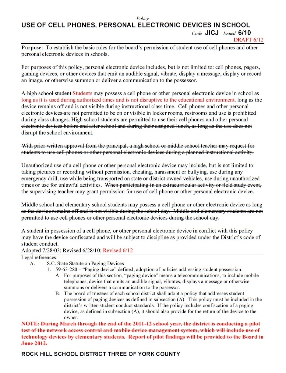 Free Printable Cell Phone Policy Form GENERIC