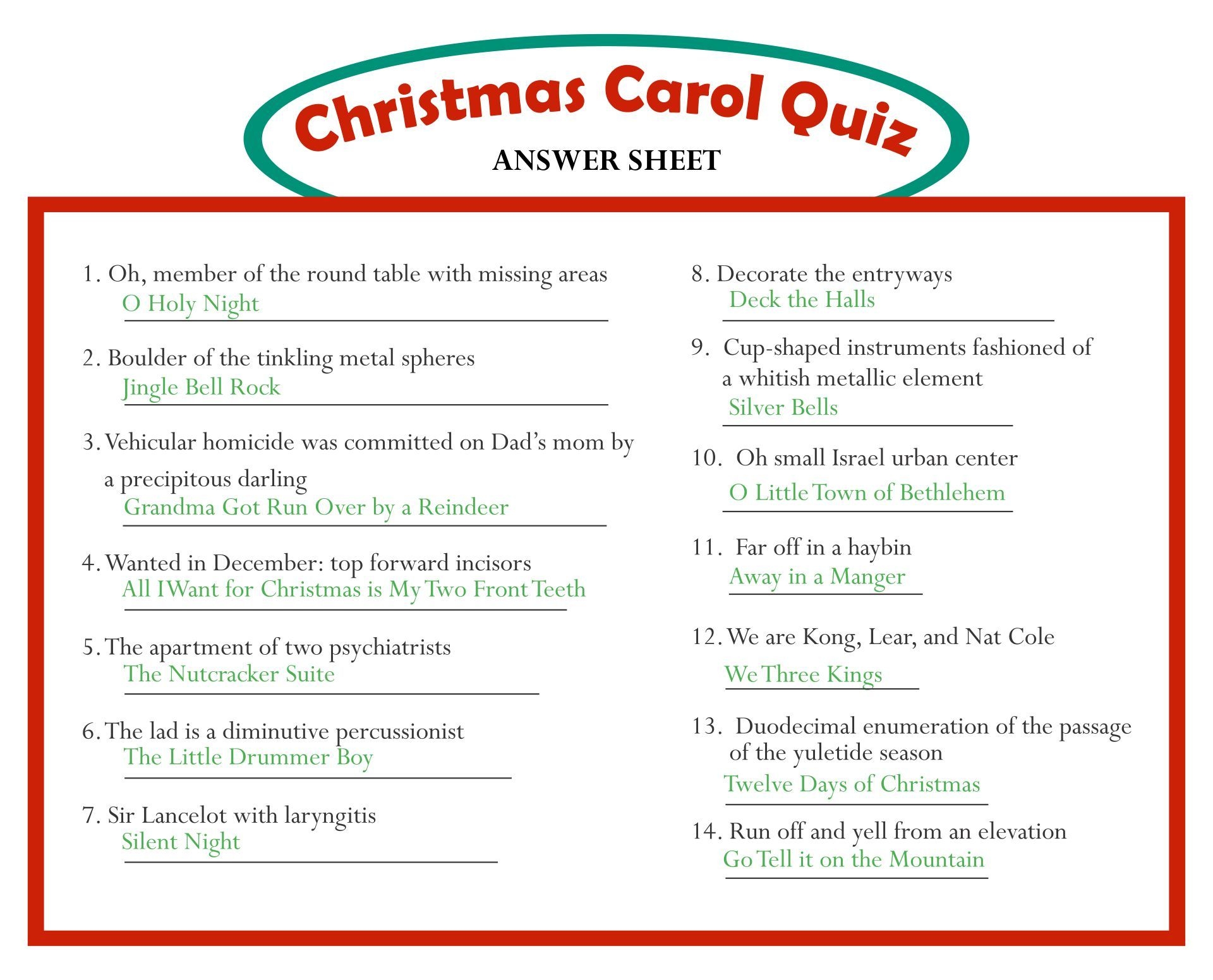 Free Printable Christmas Carol Trivia