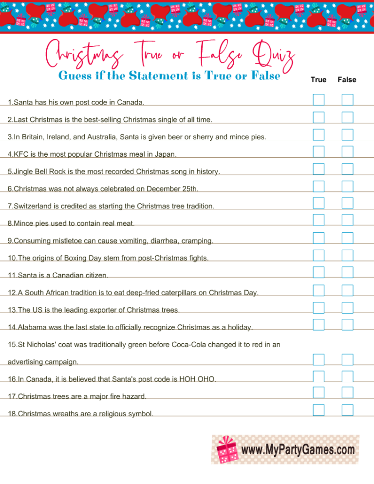 Free Printable Christmas True Or False Trivia Quiz