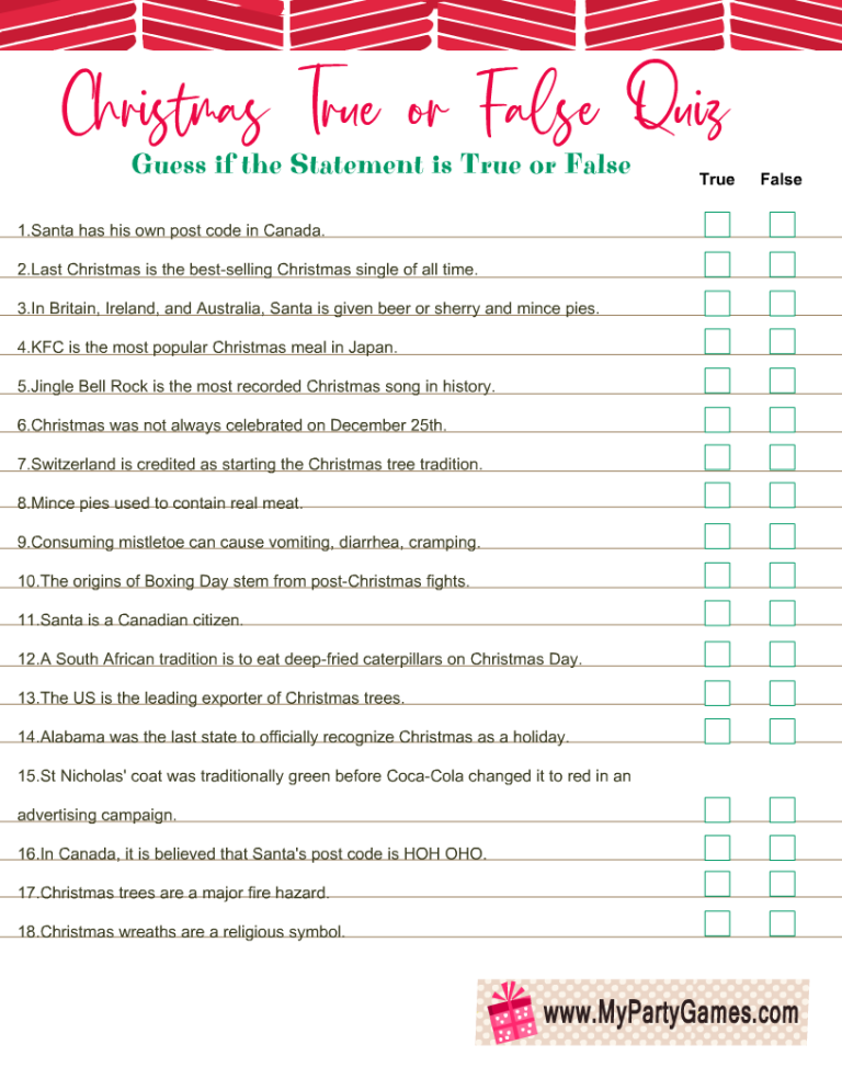 Free Printable Christmas True Or False Trivia Quiz