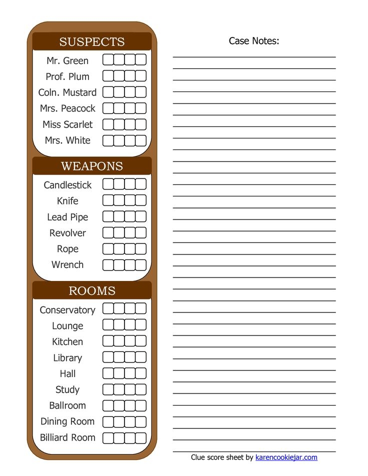 free printable clue game sheet