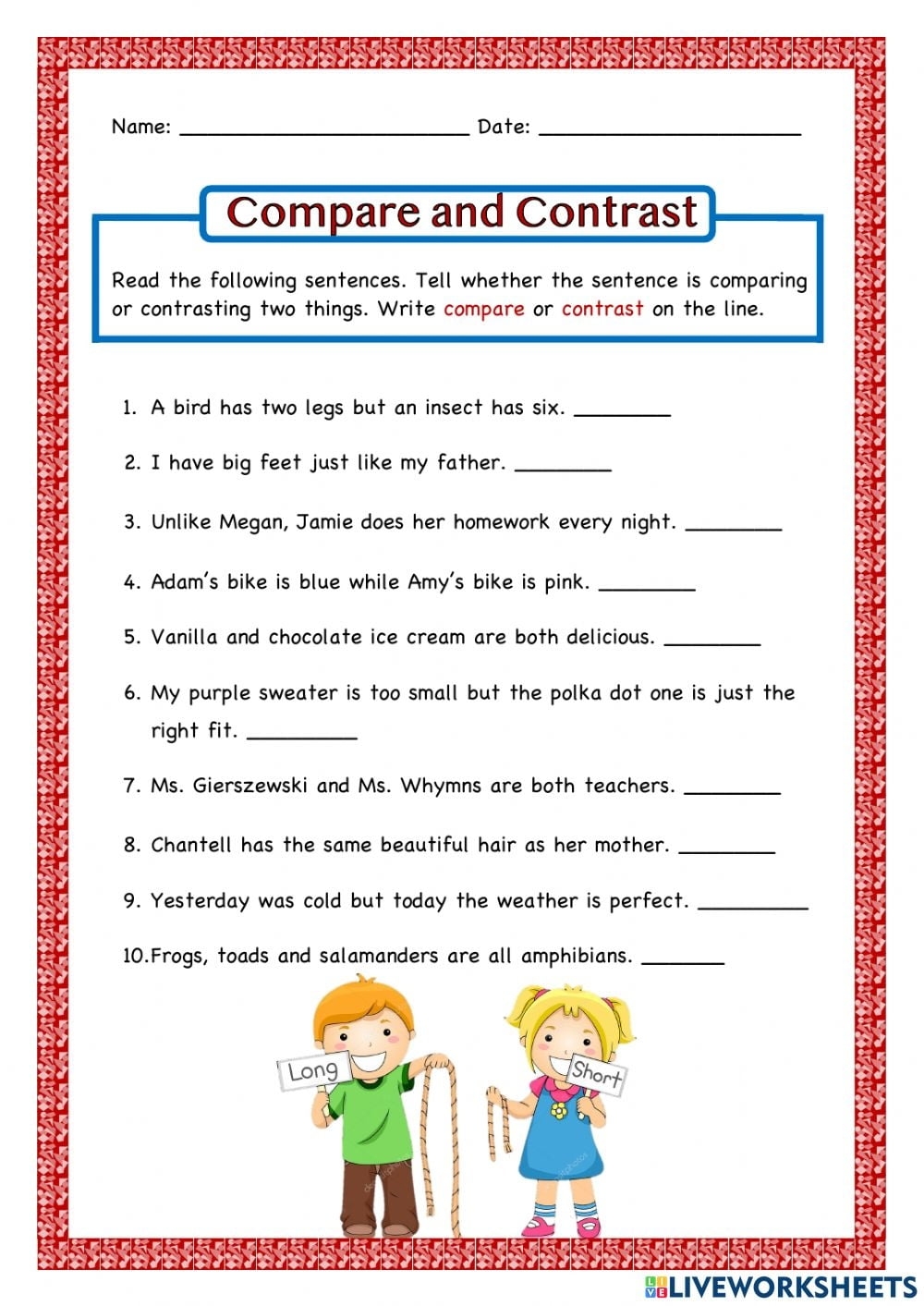 free printable compare and contrast games