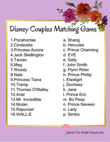 Free Printable Disney Couples Matching Game