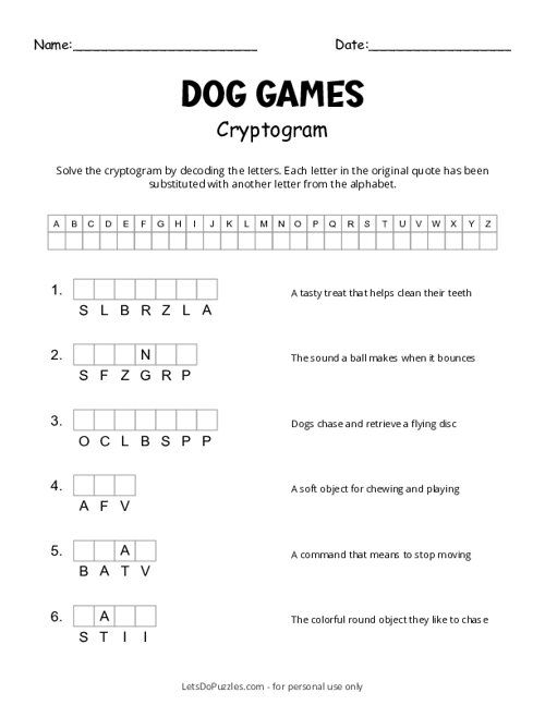 Free Printable Dog Games Cryptogram Free Printable Activities 