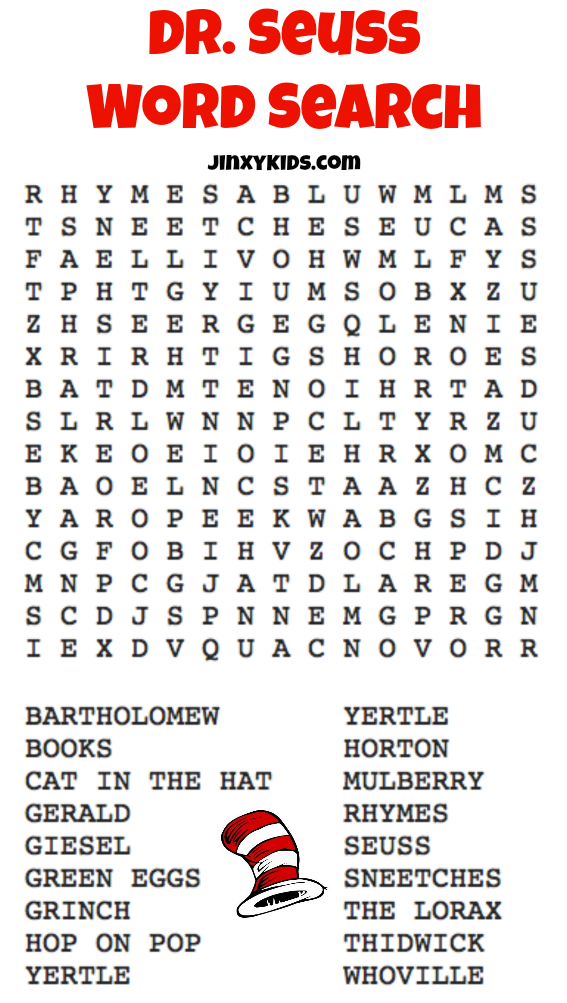 FREE Printable Dr Seuss Word Search Jinxy Kids Dr Seuss Activities 