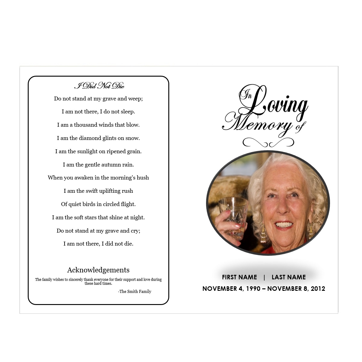 printable in loving memory card templates