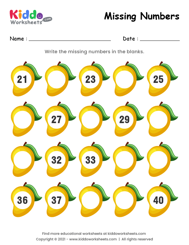 Free Printable Mango Missing Numbers 21 40 Worksheet Kiddoworksheets