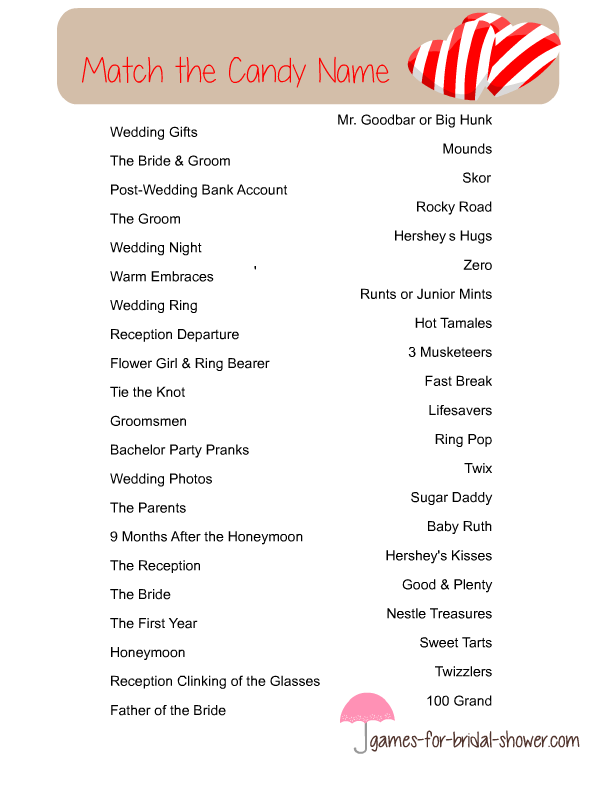 Free Printable Match The Candy Name Bridal Shower Game