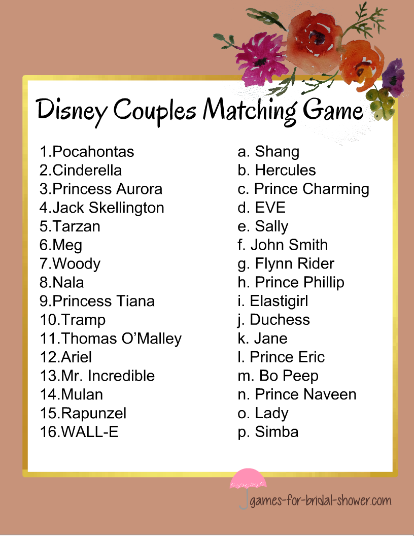 Free Printable Match The Disney Couple Game