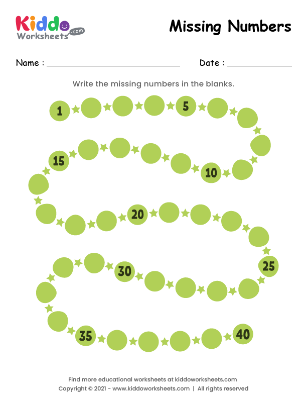 Free Printable Missing Numbers Worksheet 1 40 Worksheet Kiddoworksheets