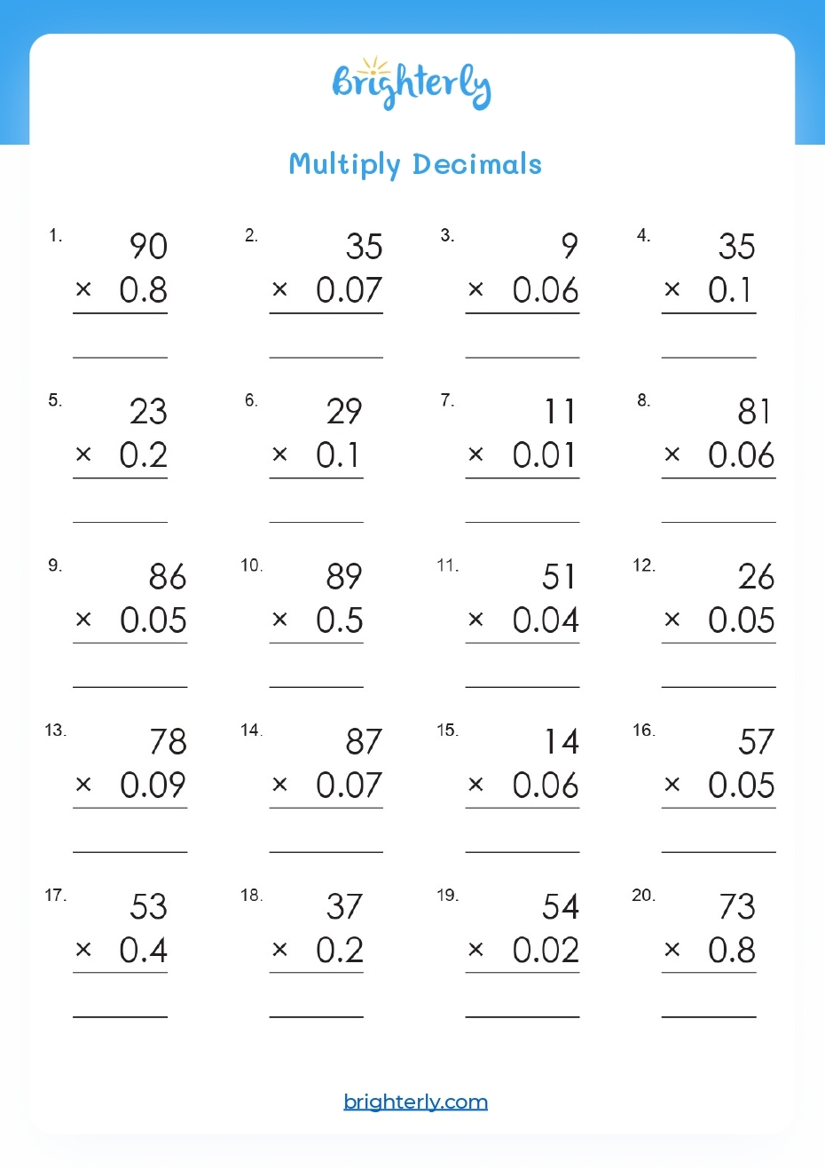 multiplying whole numbers and decimals worksheet