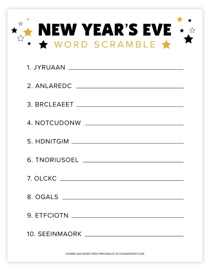 Free Printable New Year 39 s Eve Word Scramble Pjs And Paint