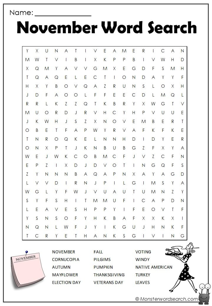 Free Printable November Word Search