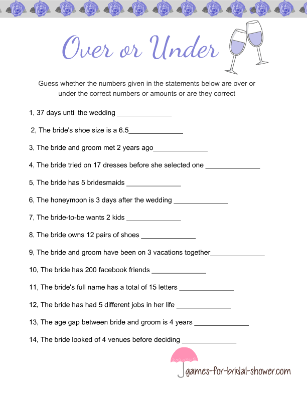 Free Printable Over Or Under Bridal Shower Game
