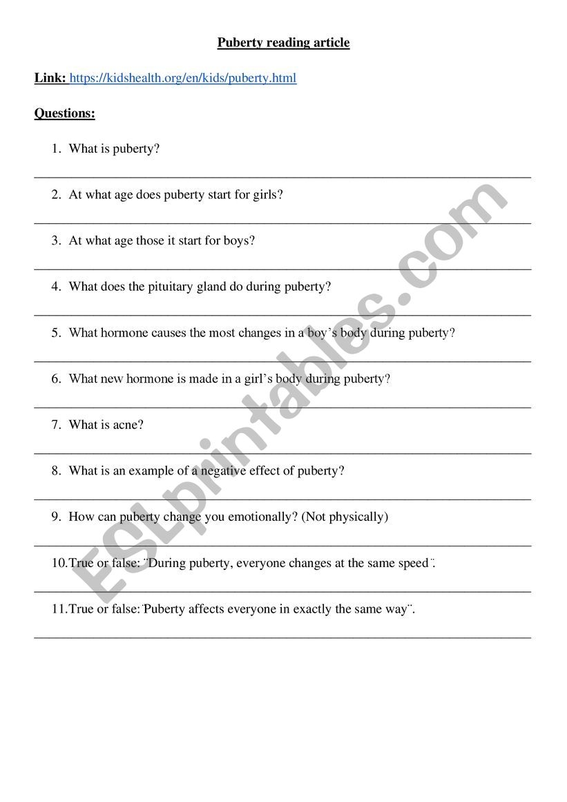 Free Printable Puberty Activity Worksheets