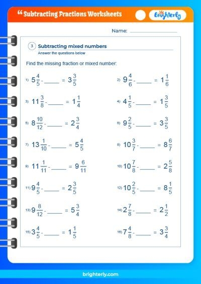subtracting whole numbers and fractions worksheets