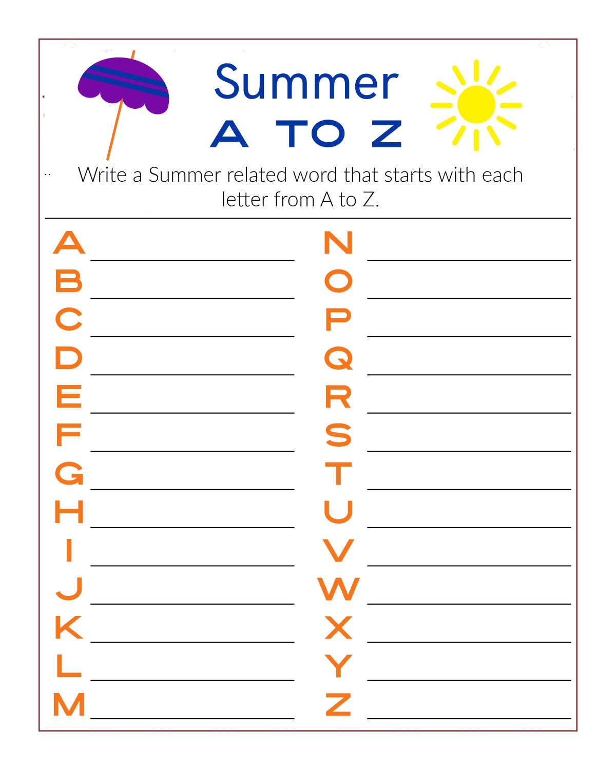 Free Printable Summer A To Z Word Activity Mama Likes This
