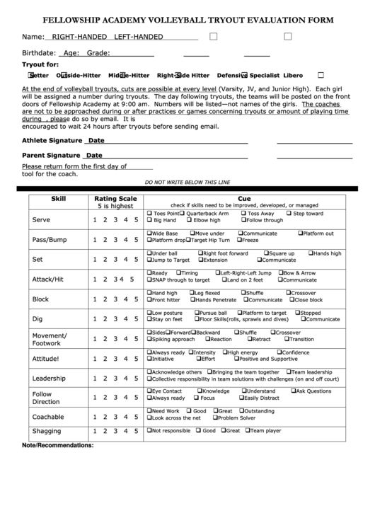 Free Printable Volleyball Tryout Evaluation Form Printable Forms Free 