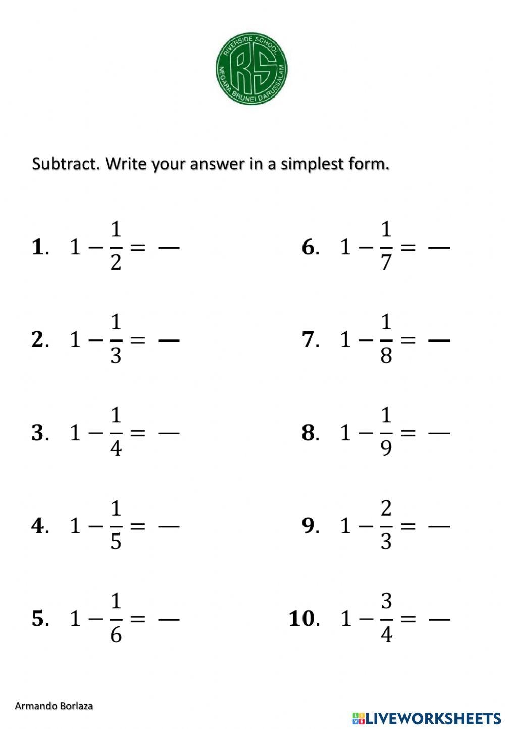 Free Subtracting Fractions From Whole Numbers Worksheet Download Free 