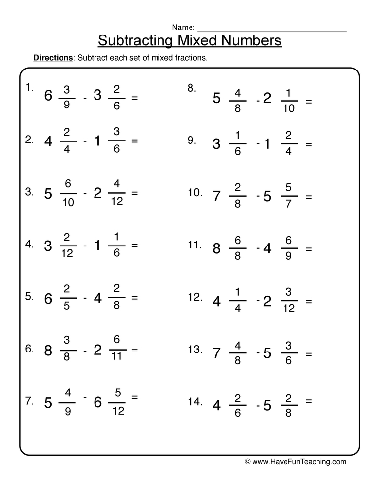 Free Subtracting Fractions From Whole Numbers Worksheet Download Free 