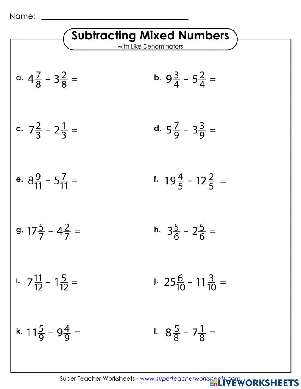 Free Subtracting Mixed Numbers With Like Denominators Worksheet