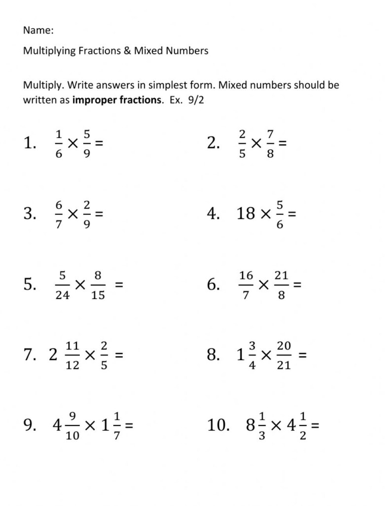 Free Worksheets On Multiplying Fractions And Mixed Numbers