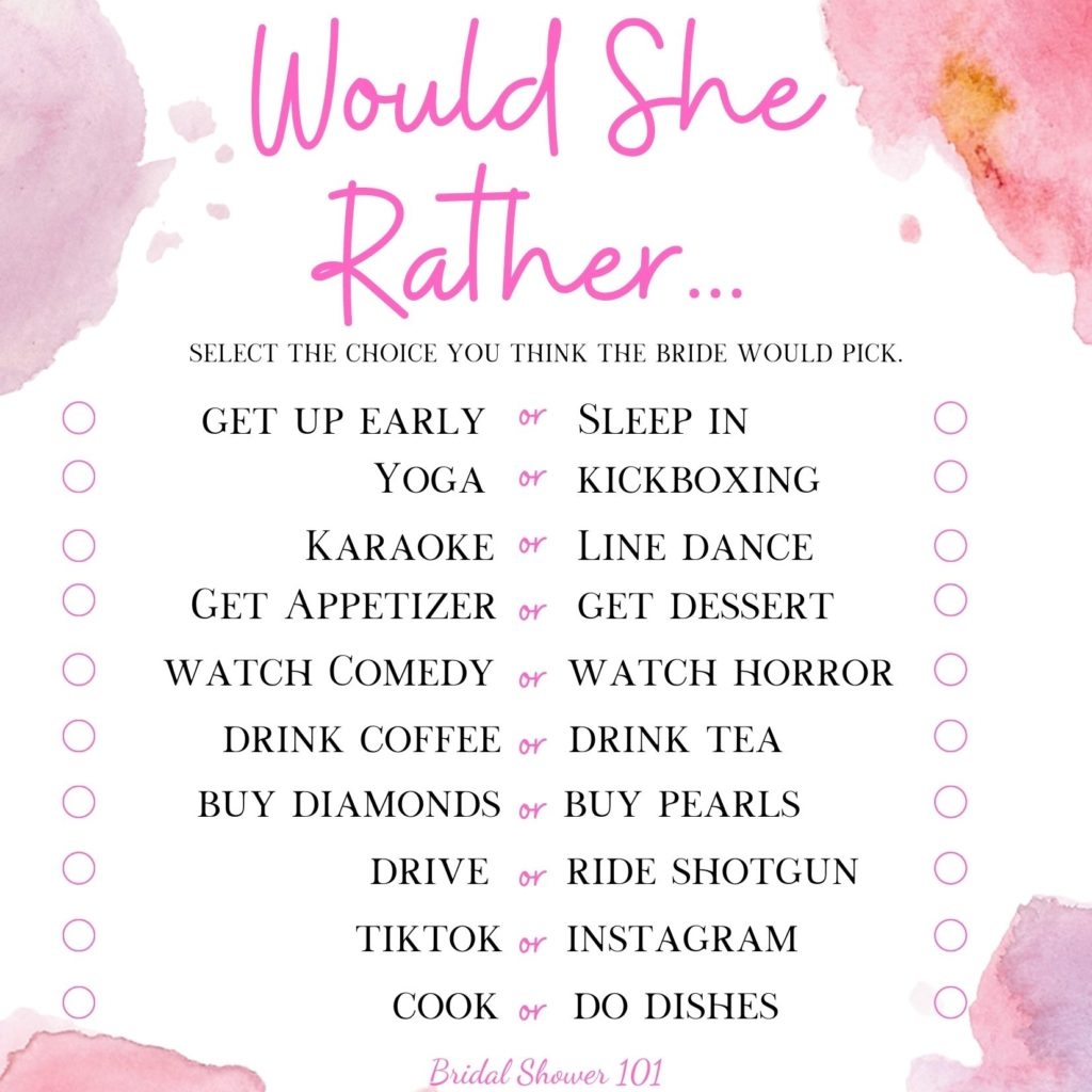 Free Would She Rather Bridal Shower Game Bridal Shower 101
