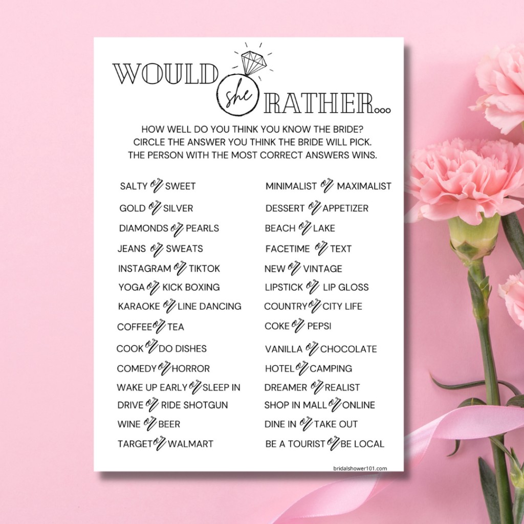 Free Would She Rather Bridal Shower Game Bridal Shower 101