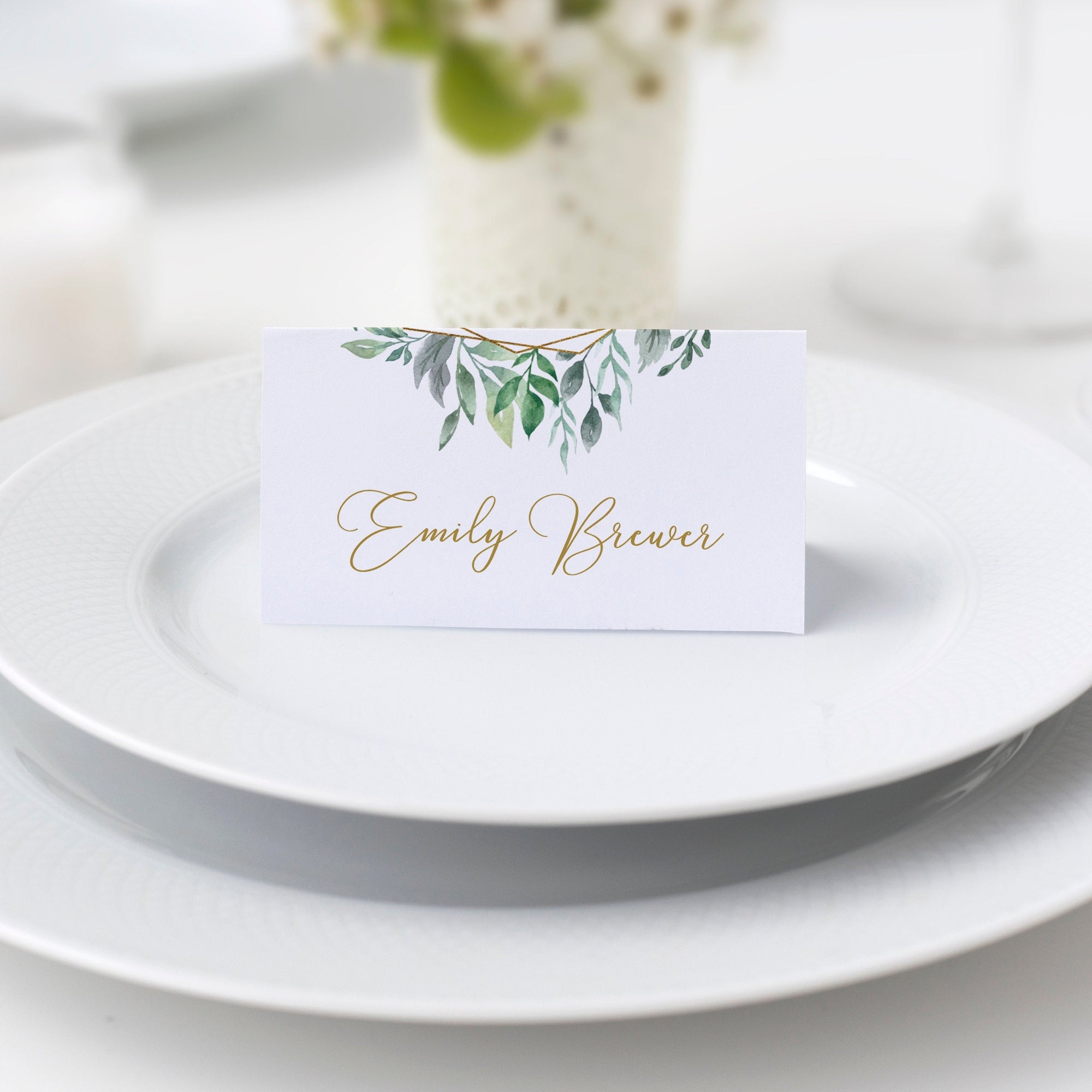 Geometric Gold Greenery Wedding Place Card Template Printable 