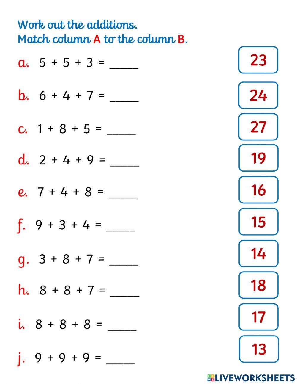 Grade 2 Worksheet Adding 2 digit And 1 digit Numbers In Columns 