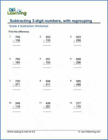 Grade 4 Math Worksheet Subtraction Subtracting 3 digit Numbers K5 