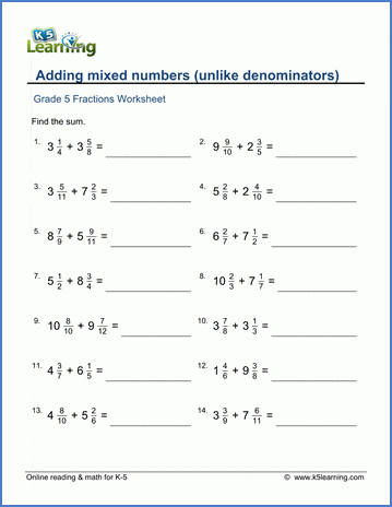 Grade 5 Fractions Worksheet Add Mixed Numbers Unlike Denominators 56550 