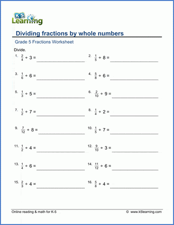 Grade 5Math Worksheets Dividing Fractions By Whole Numbers K5 
