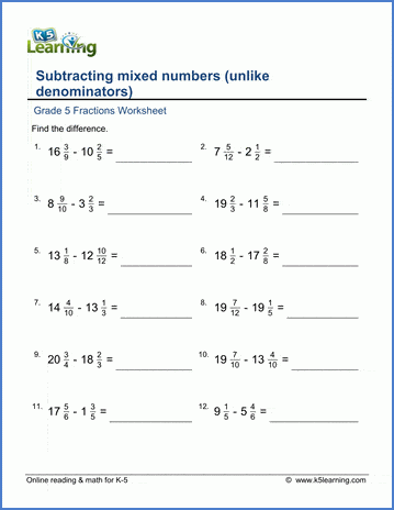 add and subtract mixed numbers with unlike denominators worksheet