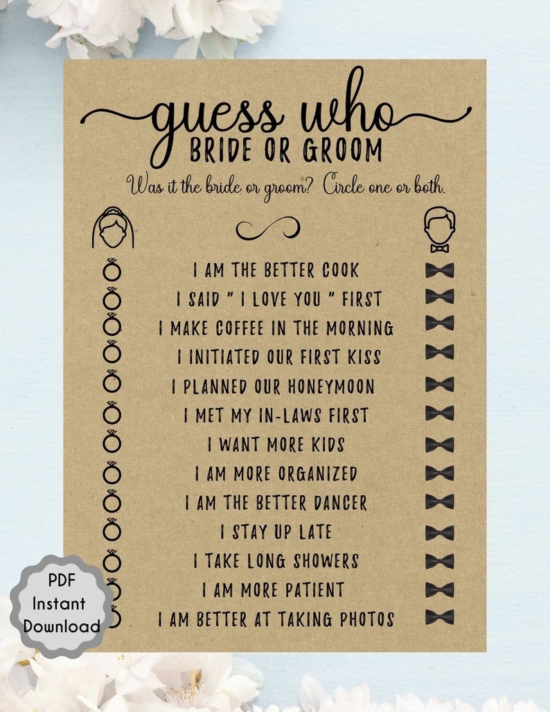 Guess Who Bride Or Groom Bridal Shower Game Printable Bride Groom 