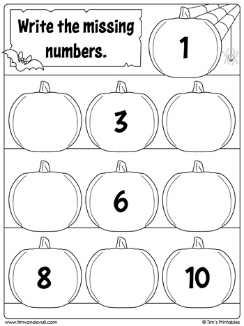 Halloween Missing Numbers Worksheet Numbers 1 To 10 Tim 39 s Printables