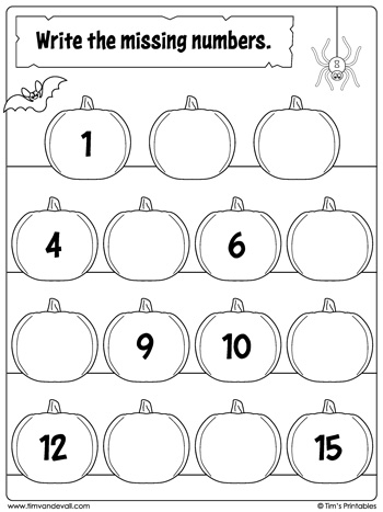 Halloween Missing Numbers Worksheet Numbers 1 To 15 Tim 39 s Printables