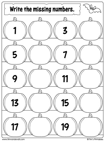 Halloween Missing Numbers Worksheet Numbers 1 To 20 Tim 39 s Printables