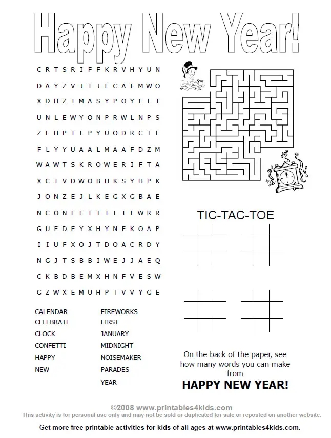 Happy New Years 4 in 1 Printable Activity Games Page Printables For