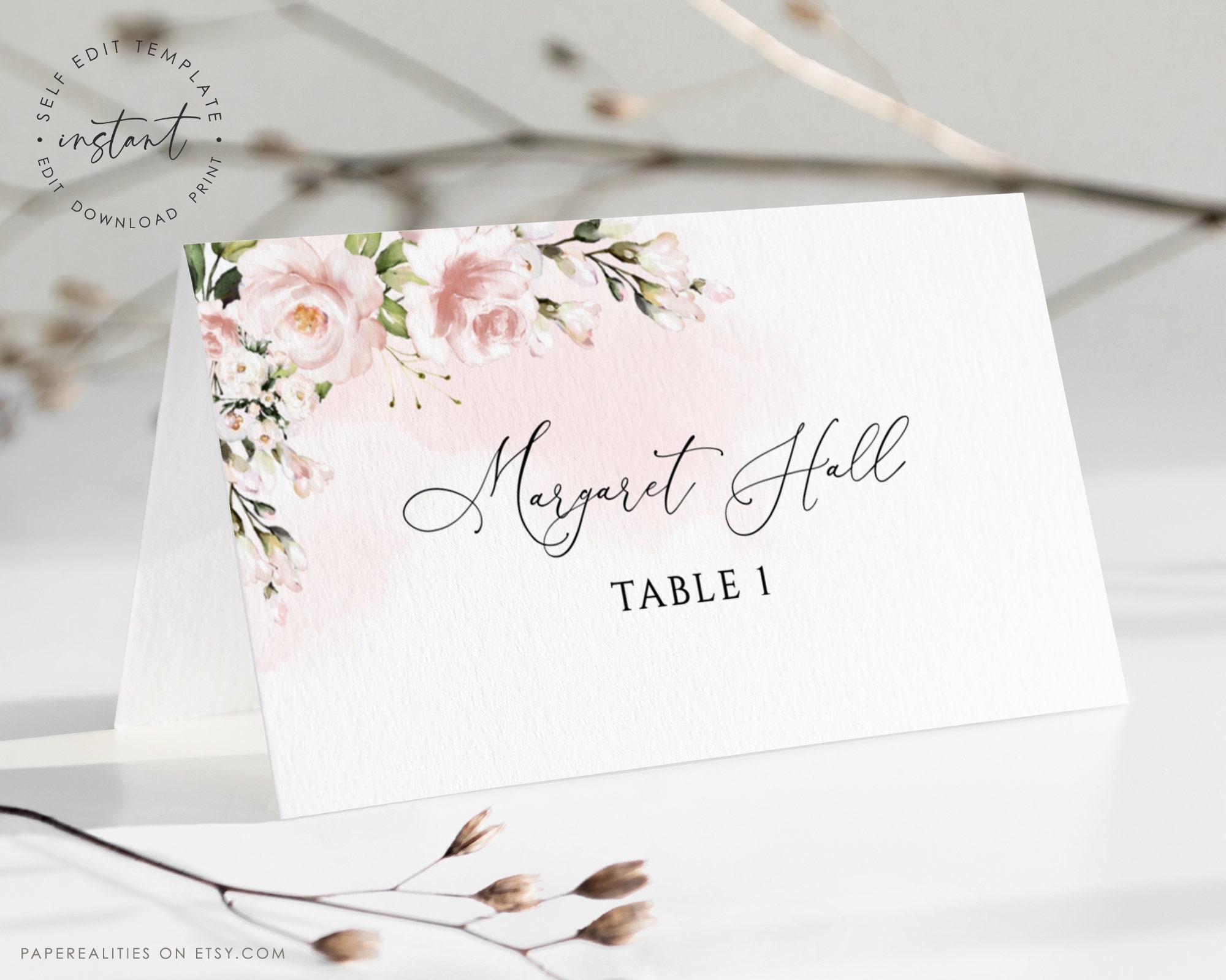 HARLOW Floral Blush Wedding Place Card Template Printable Place 