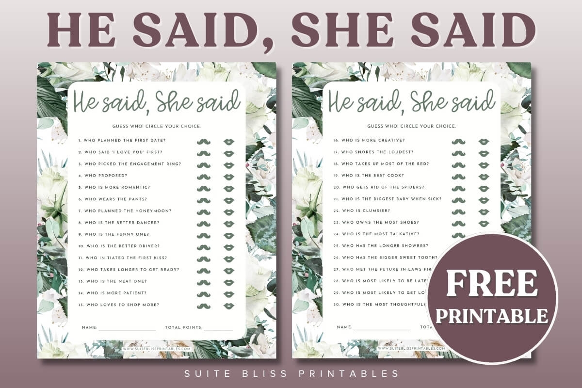 He Said She Said Bridal Shower Game Free Printable