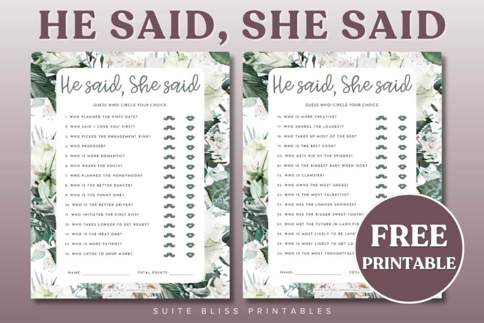 He Said She Said Bridal Shower Game Free Printable