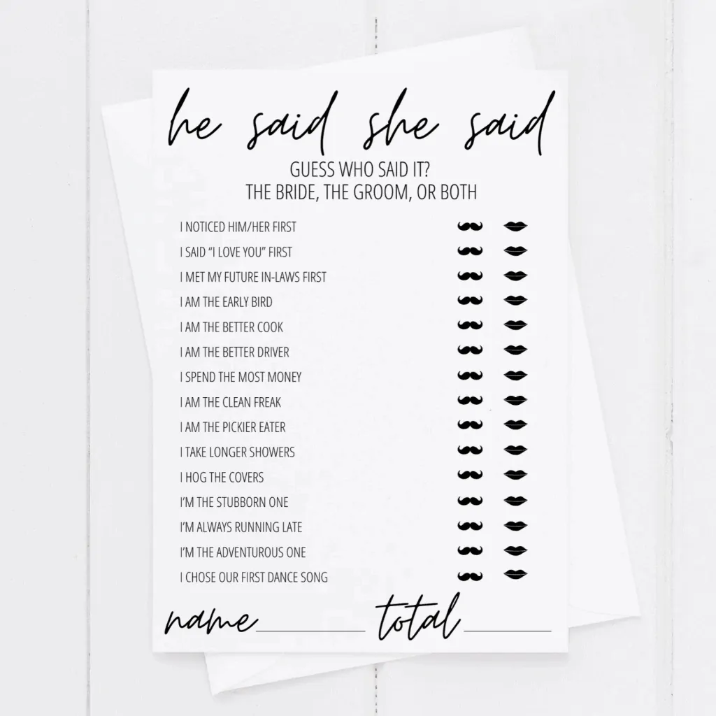 He Said She Said Bridal Shower Game Free Printable Modern MOH