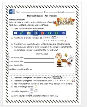 I Am Thankful Poem November Microsoft Word Activity Windows 8 8 1
