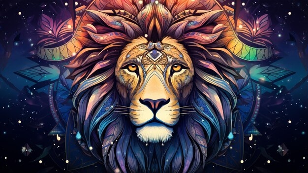 Illustration Of Mandala Lion Colored With Bright Colors Background 