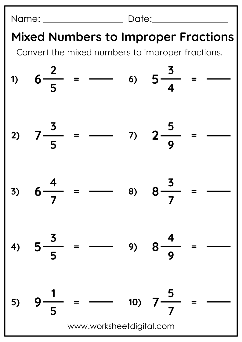 Improper Fraction To Mixed Number Worksheet Digital Worksheets Library