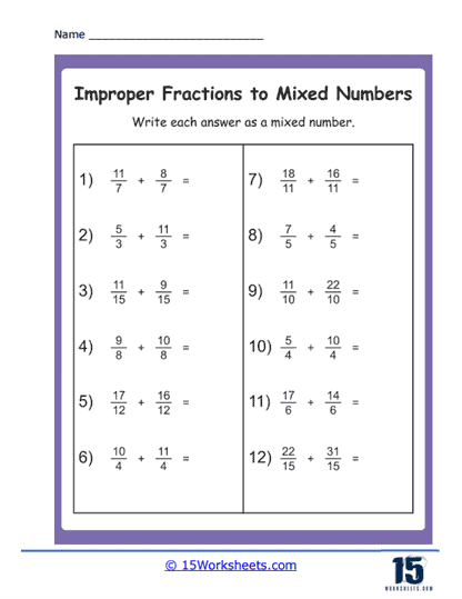 Improper Fractions To Mixed Numbers Worksheet Live Worksheets 