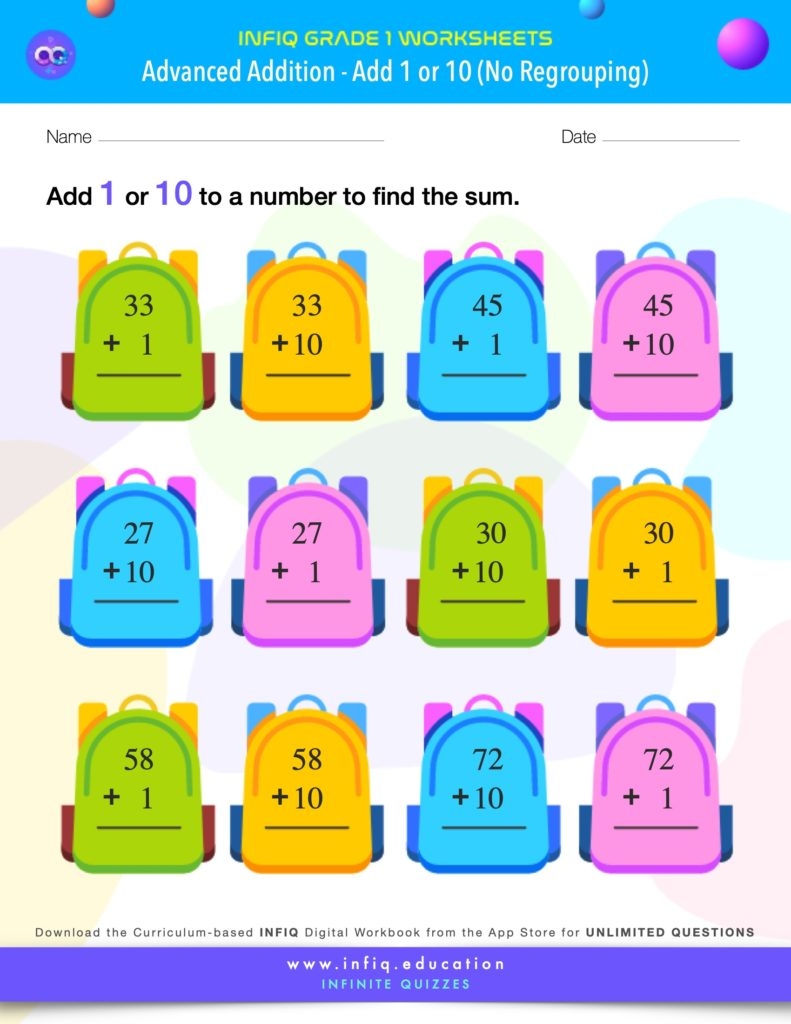 INFIQ GRADE 1 Math Worksheets Advanced Addition Add 1 Or 10
